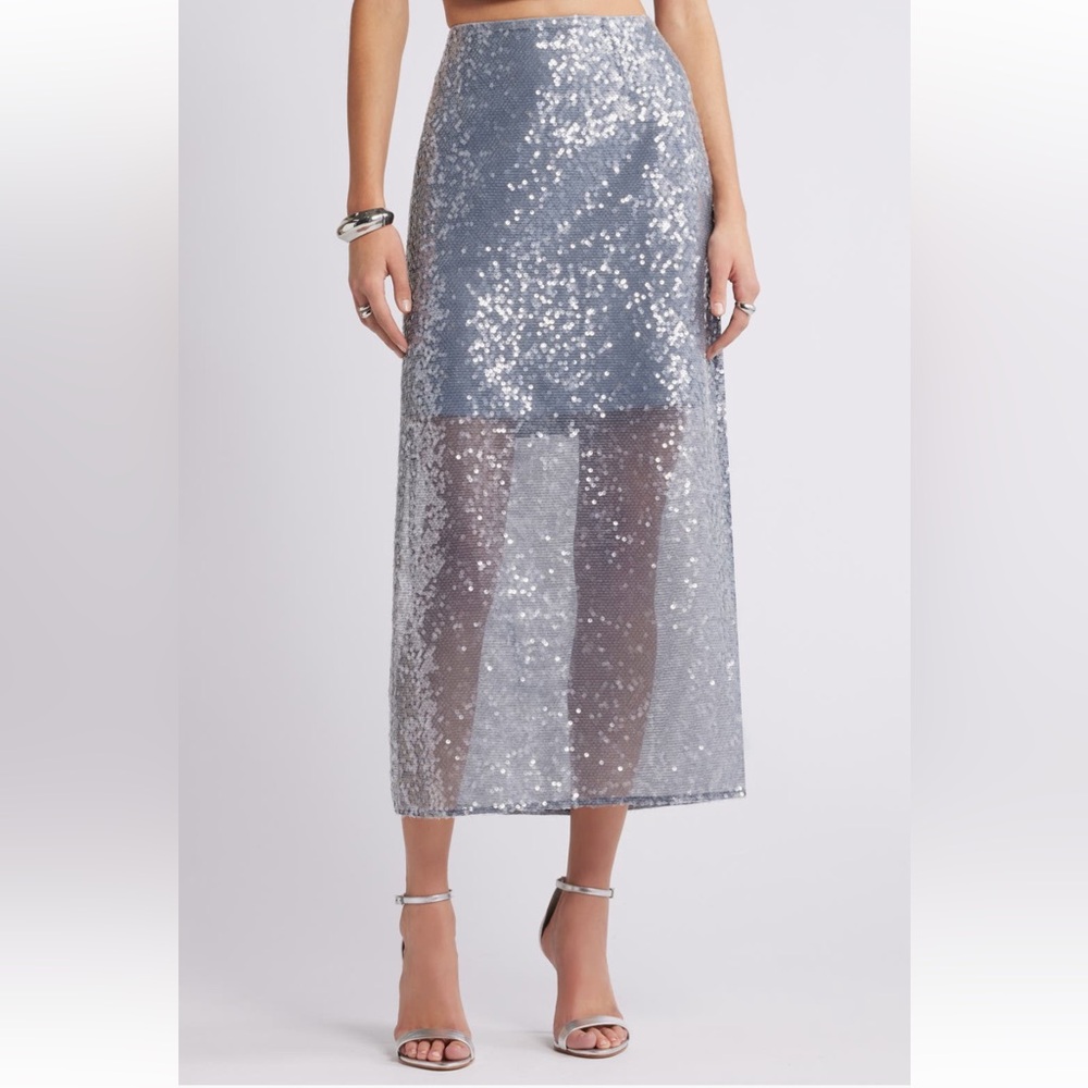Open Edit Silver Sequin Midi Pencil Skirt